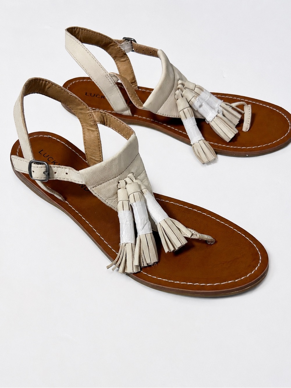 Lucky Brand Anneke Leather Tassel Thong Sandals Ivory NWOB Size 8